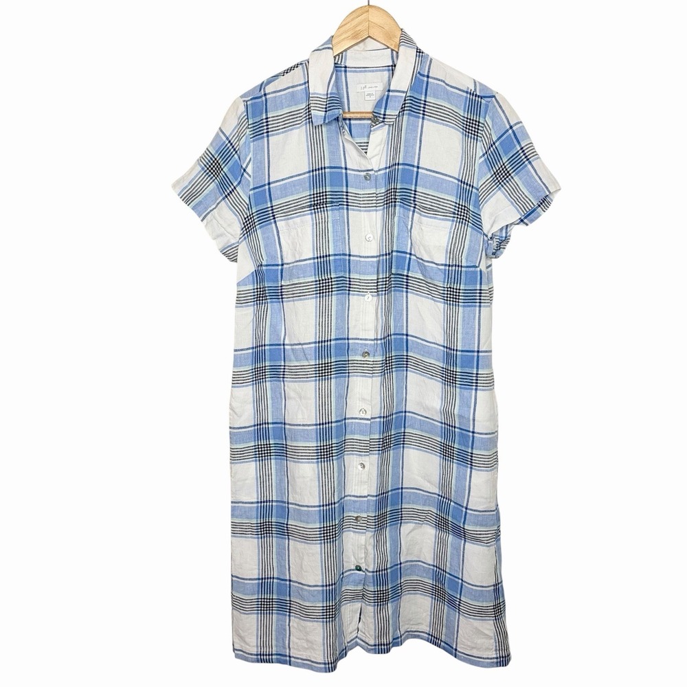 J Jill Love Linen Plaid Dress Blue White Womens Size M Nautical Preppy Fisherman